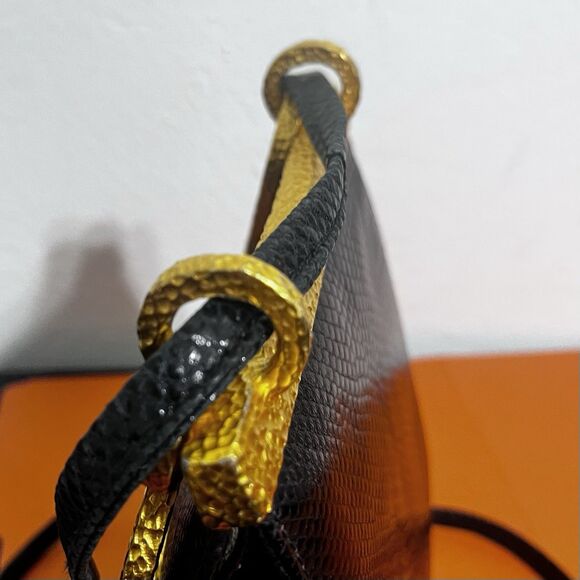 Clara Studio for Asymmetry Vtg Black Lizard Embossed Leather Bag 24K Gold Handle - Picture 15 of 16